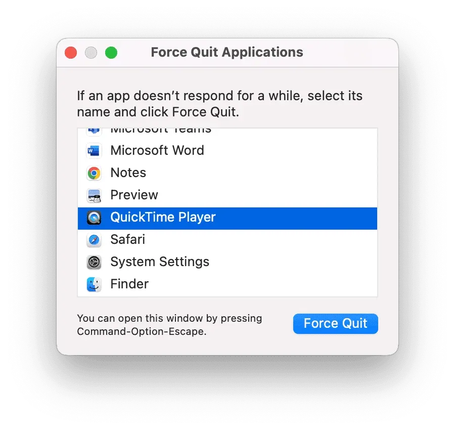 4. Force Quit QuickTime Screen Recording