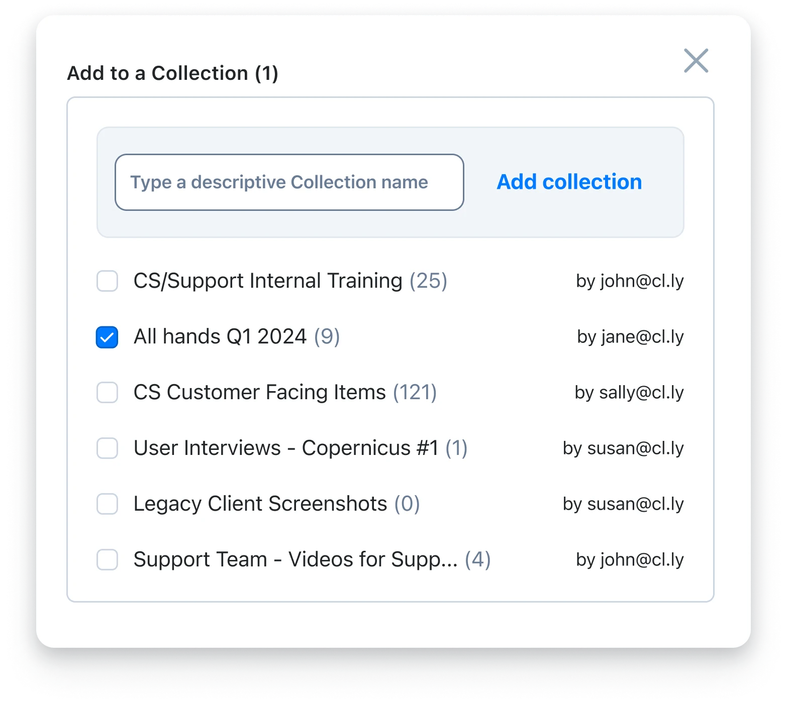 The Zight library interface for adding items to a collection