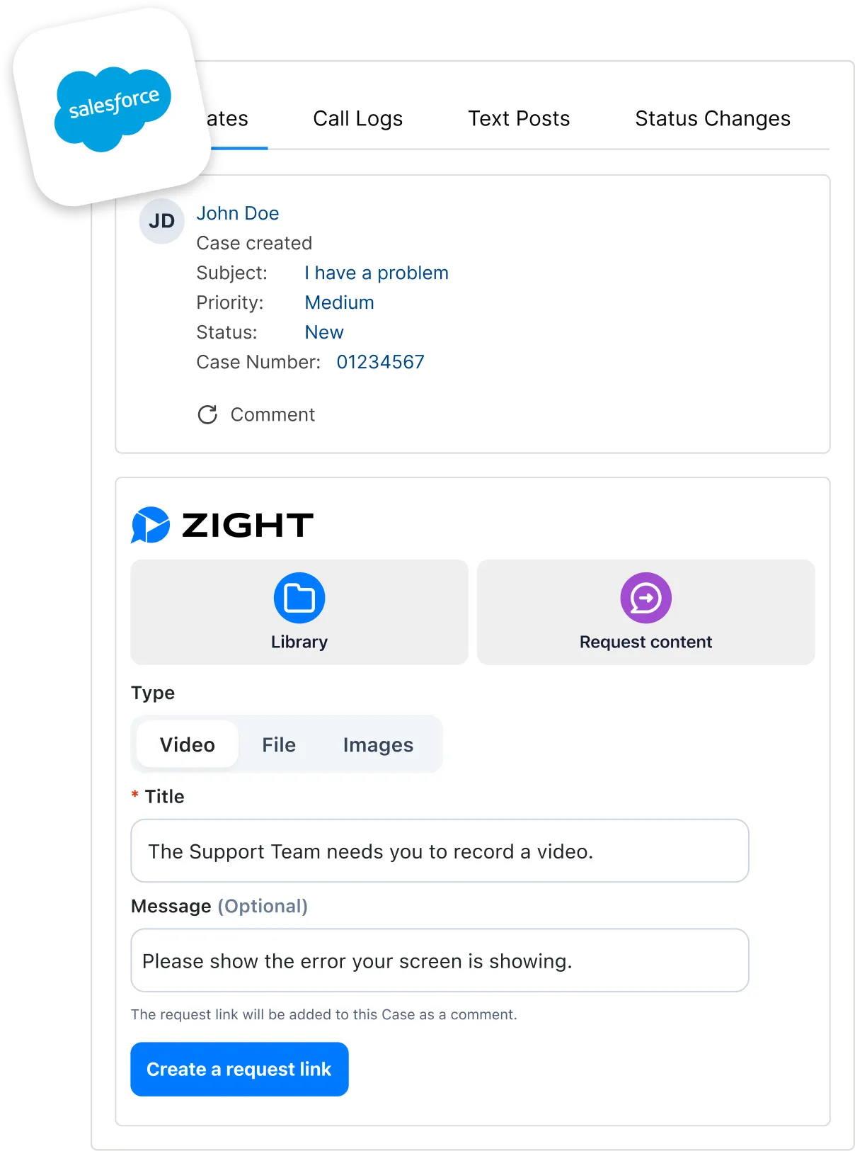 Salesforce Service Cloud case showing the Zight panel for creating a Request Content link.
