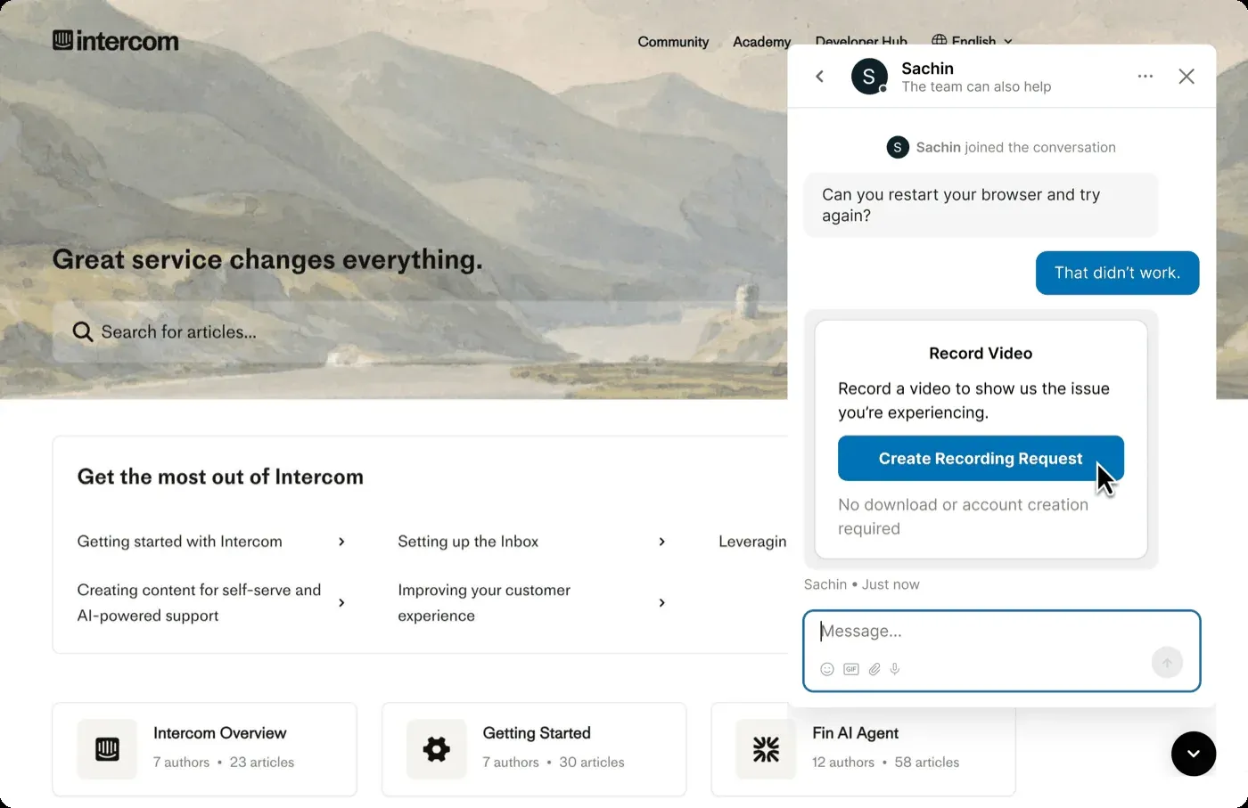 Zight inside an Intercom conversation showing a video request