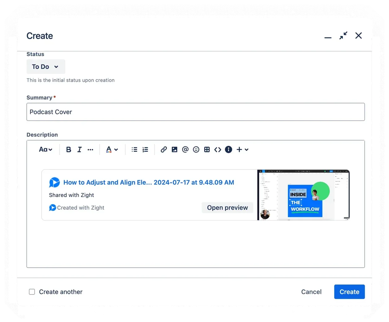 A Zight recording embedded in a Jira issue description