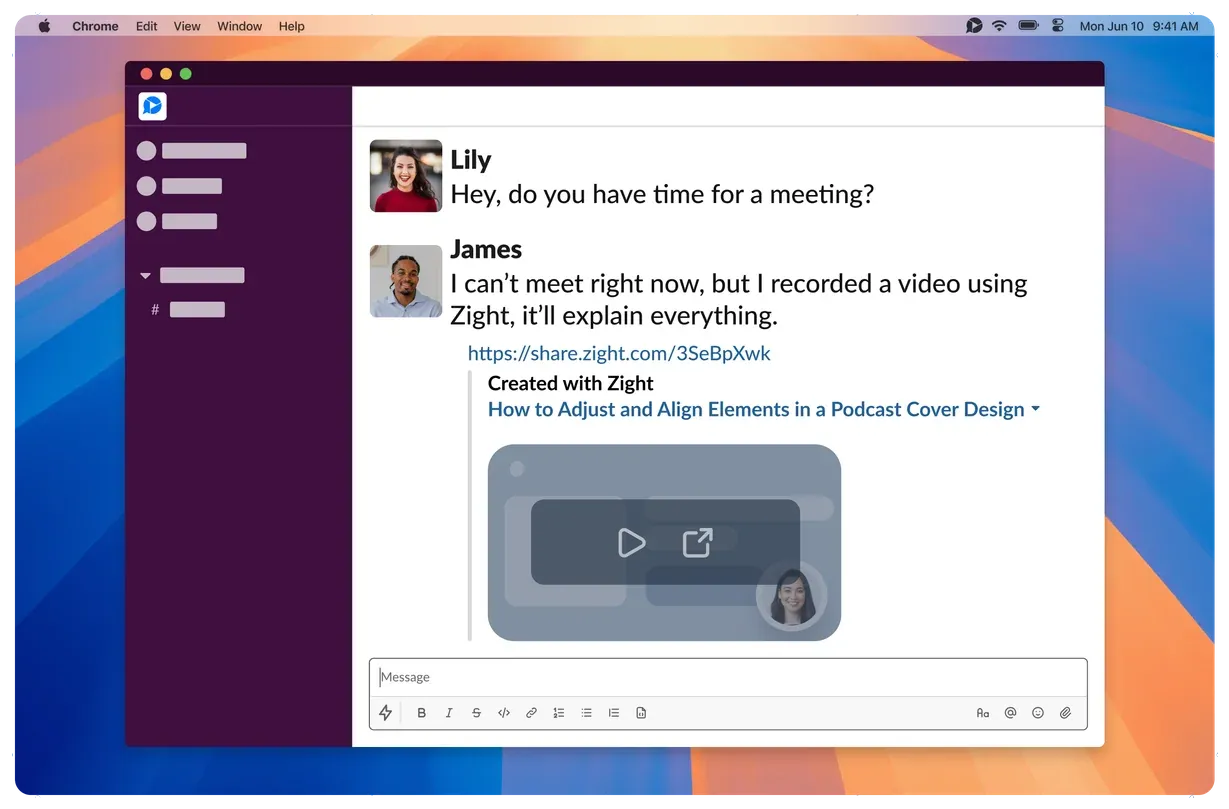 A Zight video link unfurling with a rich preview inside a Slack conversation