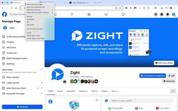 Hover over the tab and right-click.