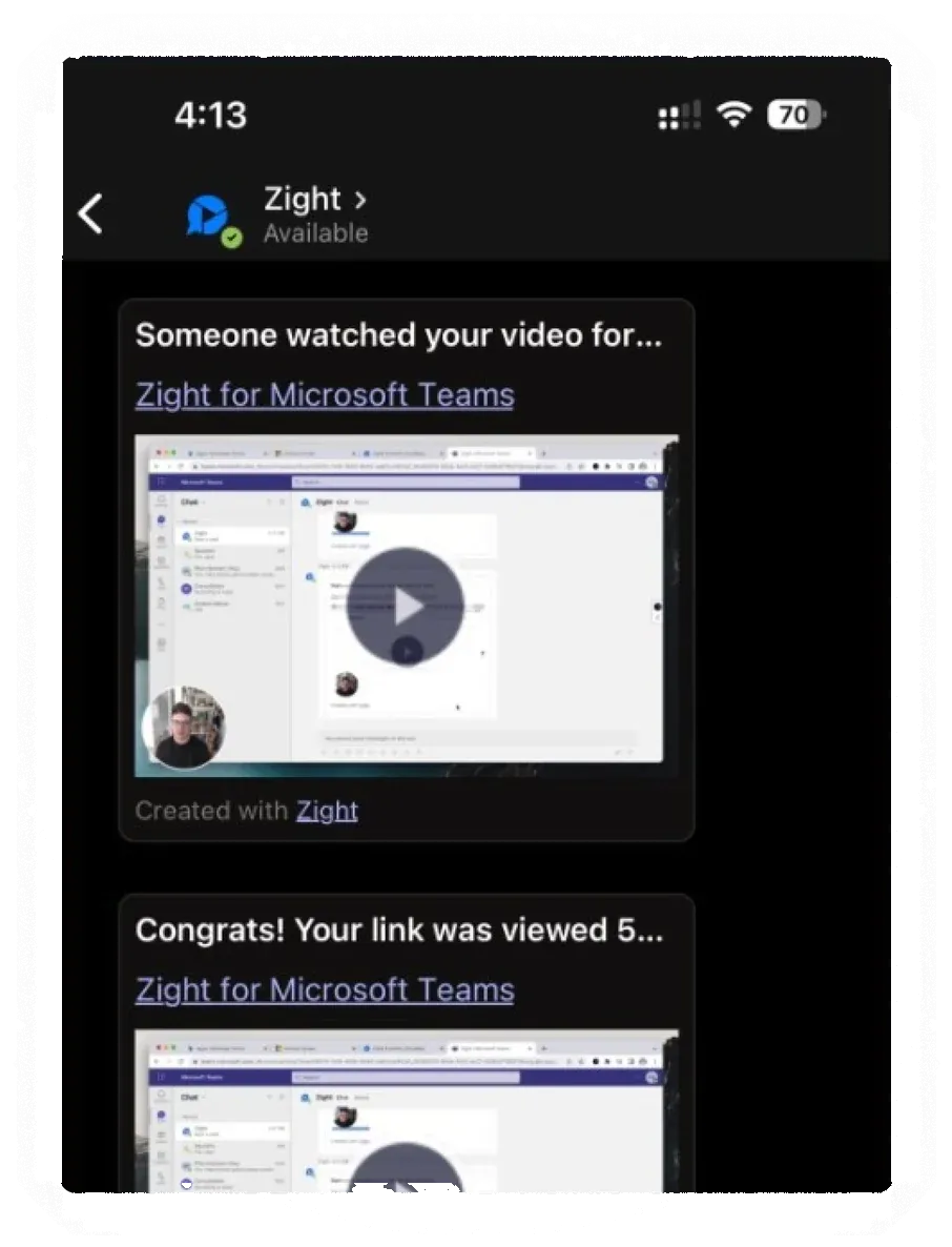 Zight view notifications for a video shared in Microsoft Teams