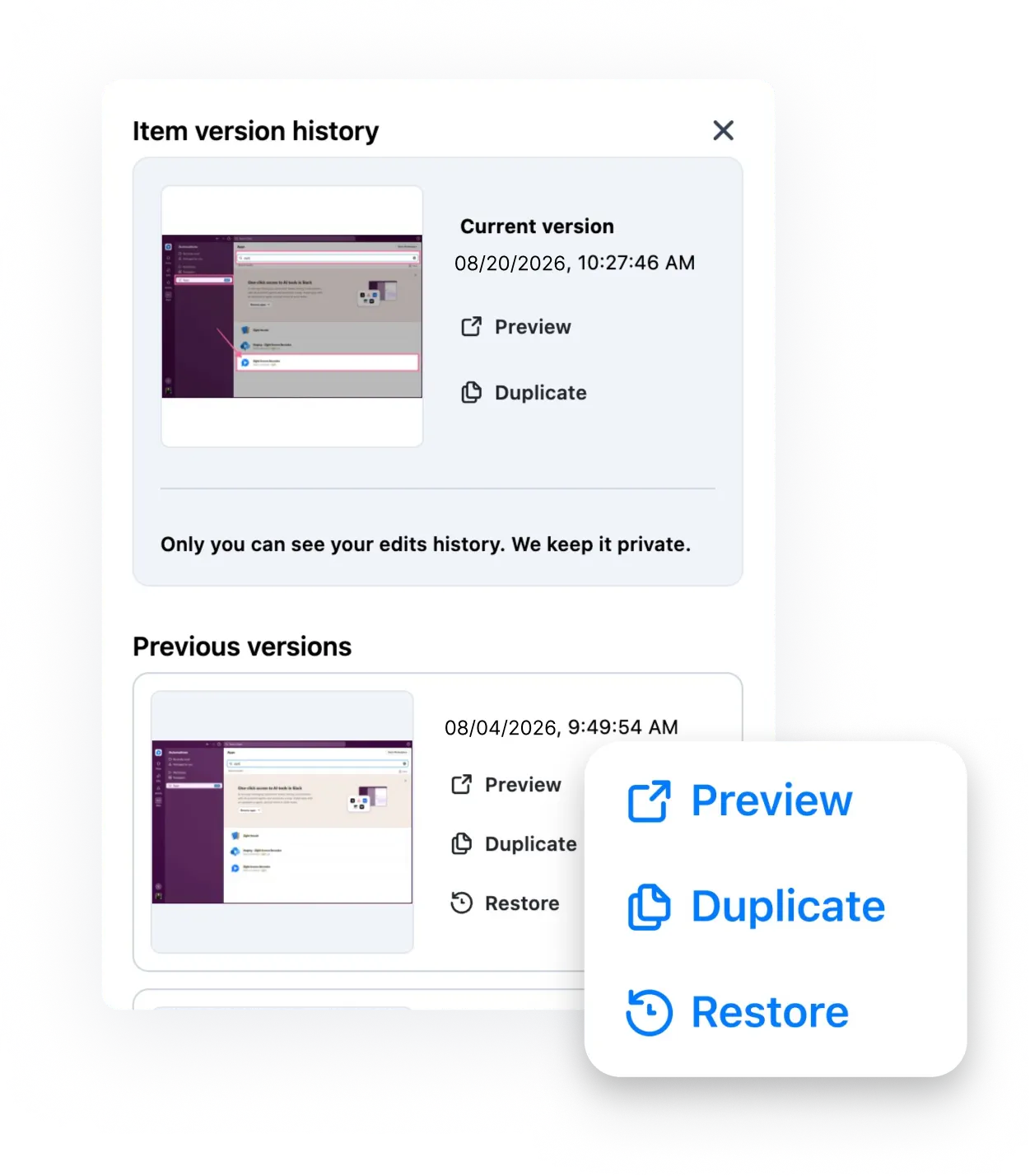 Zight item version history with preview, duplicate, and restore controls