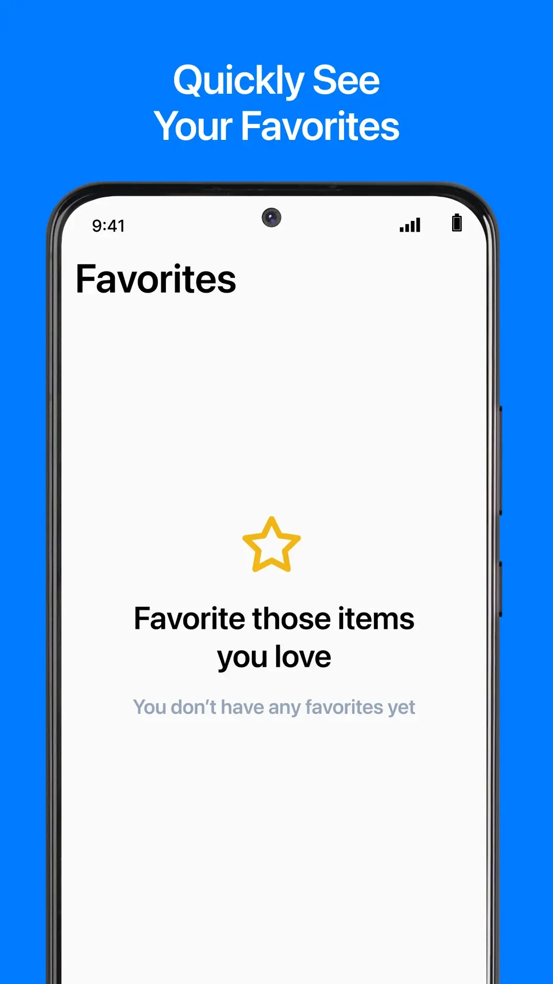 Zight mobile app Favorites screen with an empty-state star and favorite-items message
