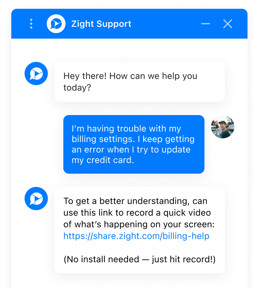 A Zight support chatbot sending a Request Video link to a customer