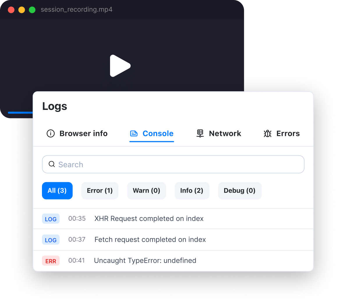 A recording paired with its browser, console, network, and error Data Logs