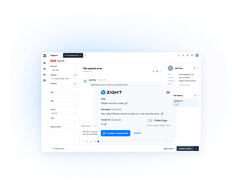 Zight inside a Zendesk ticket showing a video request