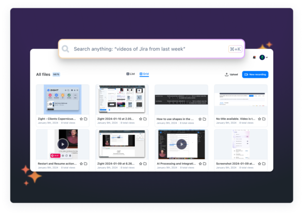 Zight’s AI Search interface displaying a search bar with smart queries like “videos of Jira from last week,” alongside organized screen recordings and files for instant retrieval.