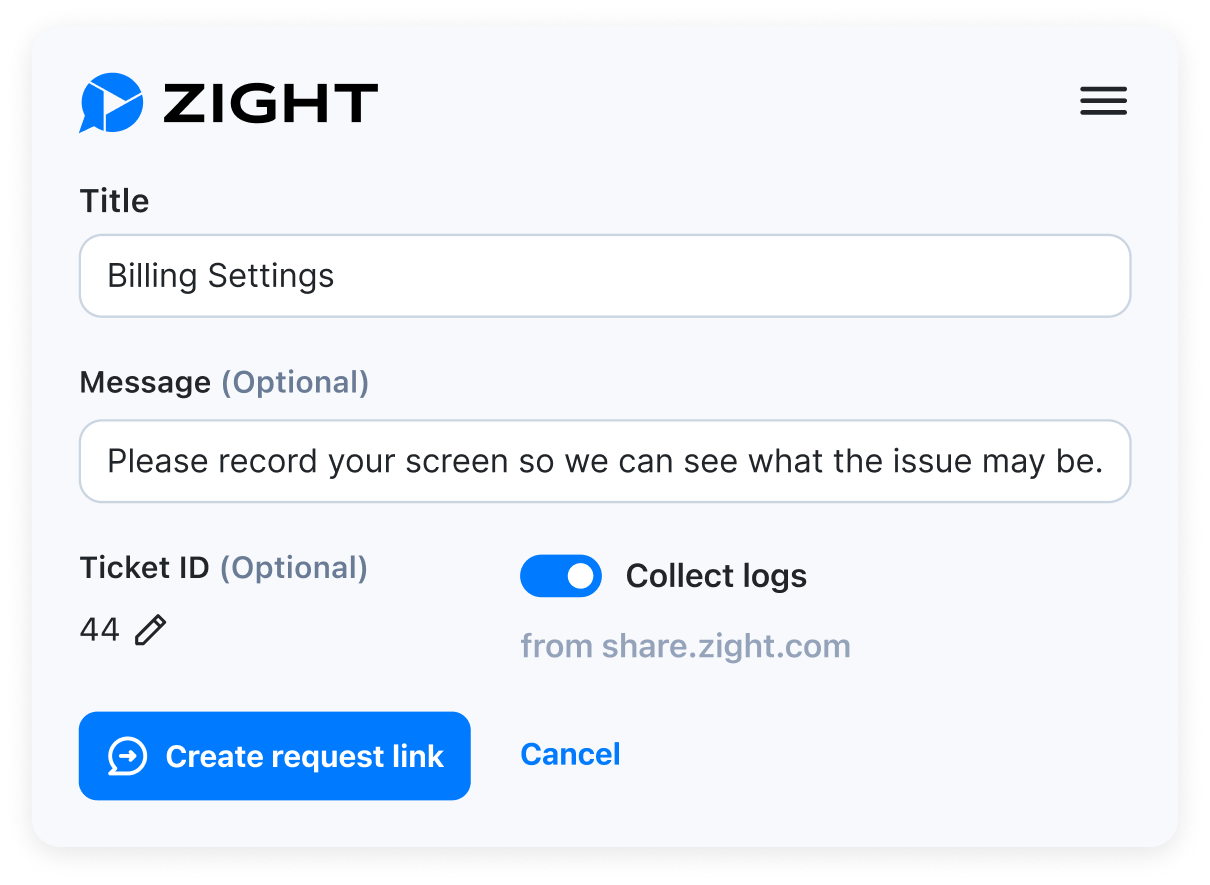 Zight request video interface in Zendesk