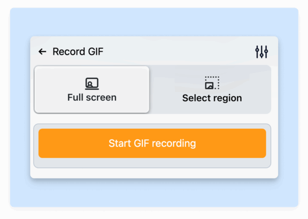 Zight GIF recording interface displaying options to select full screen or a specific region for capturing.