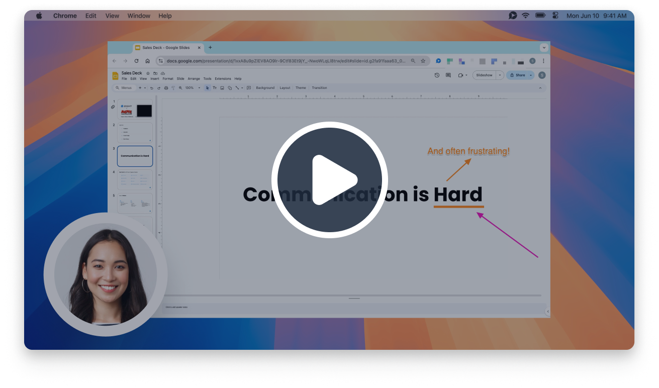 Zight screen recording with webcam overlay, presenting a Google Slides deck on effective communication. Visual annotations emphasize key points.