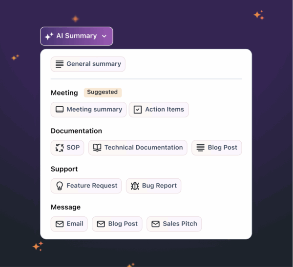 Quickly turn recordings into meeting summaries, SOPs, bug reports, and more with Zight Smart Actions Zight Smart Actions menu showing AI-generated options like meeting summary, SOP, blog post, bug report, and sales pitch