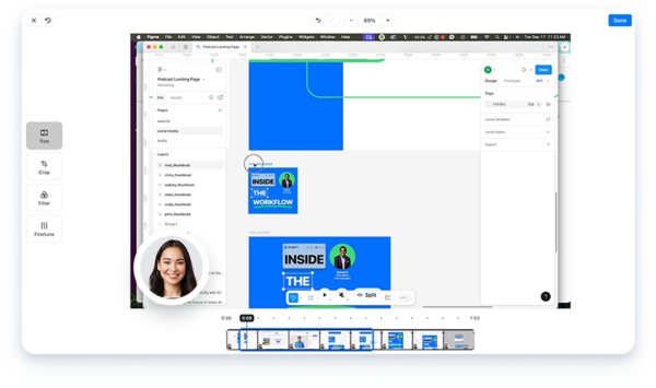 Zight’s video editor interface displaying video editing capabilities with options to trim, crop, filter, and finetune.
