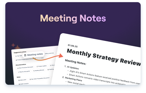 Zight’s meeting notes interface showcasing organized and structured notes, powered by Smart Actions that automatically convert key points into actionable insights.