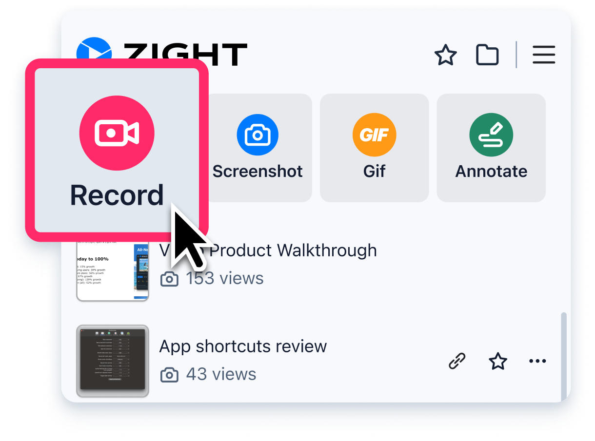 Zight menu app showcasing quick-access options for creating video recordings, screenshots, GIFs, and annotations. The highlighted 