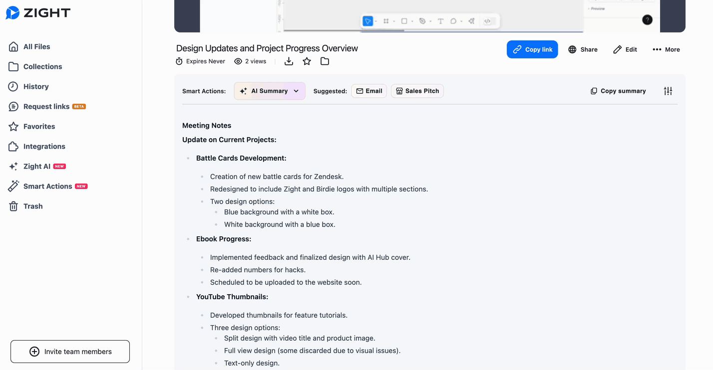 Zight’s Smart Actions in action, transforming detailed meeting notes into a well-structured email format with just one click.