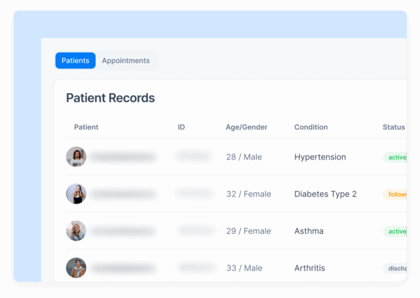 Patient records table with personal details and medical conditions blurred for privacy in a healthcare dashboard.