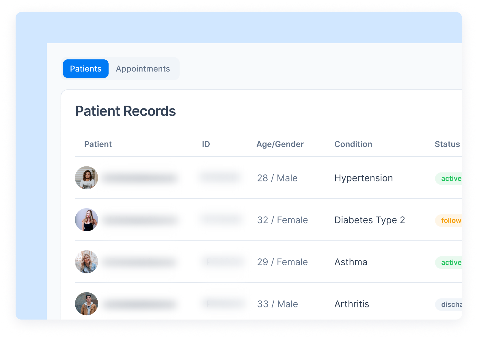 Patient records table with personal details and medical conditions blurred for privacy in a healthcare dashboard.