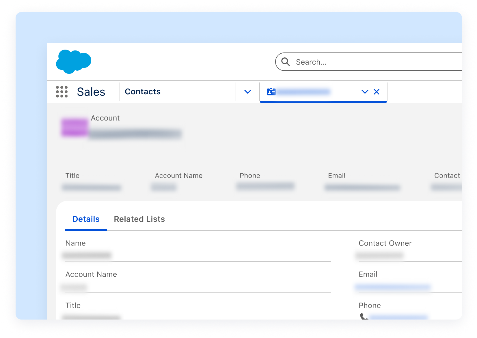 CRM contact list showing customer names, emails, and phone numbers blurred to protect sensitive data.