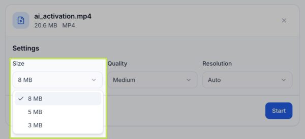Size settings for 8mb compressor.