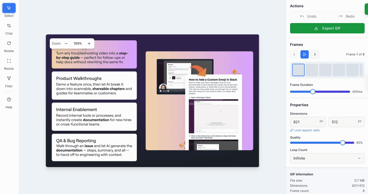 GIF editor settings.