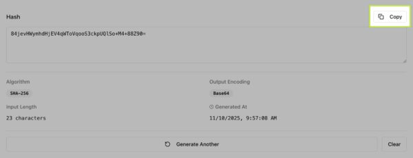 Copy button is highlighted for the hash generator. 