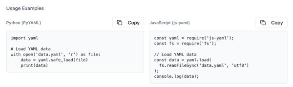 YAML output usage examples.