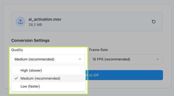 Choosing your quality settings when converting from a MOV to a GIF.