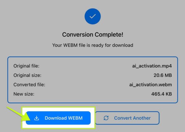 MP4 to WebM converter. An arrow pointing to download the WebM file.