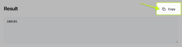 Number Base Changer Results. Arrow pointing to the "Copy" button.