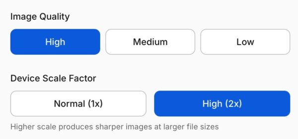 Website screenshot tool showing image quality and device scale factor settings.