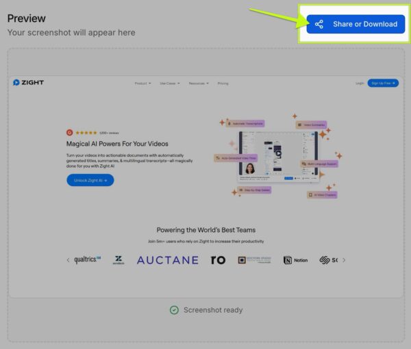 Website screenshot tool focusing on the share or download button.