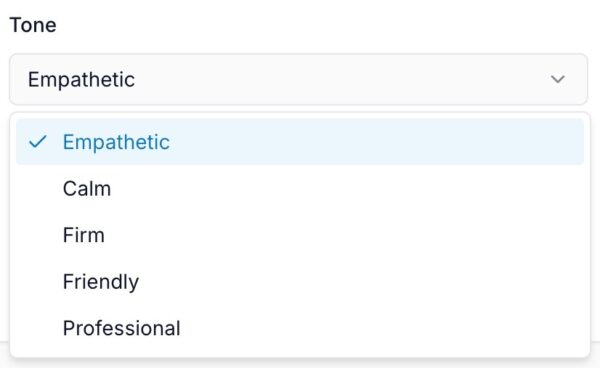 Customer support reply generator tone dropdown.