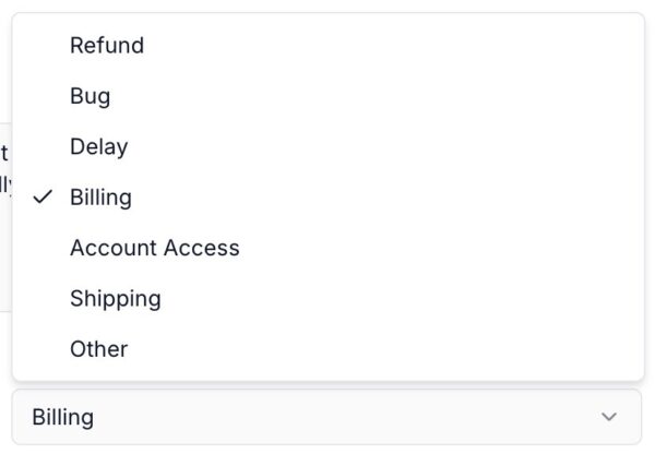 Customer support reply generator context dropdown.