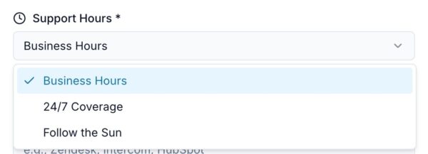 Customer support SOP generator business hours dropdown.