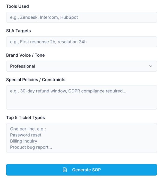 Customer support SOP generator form details