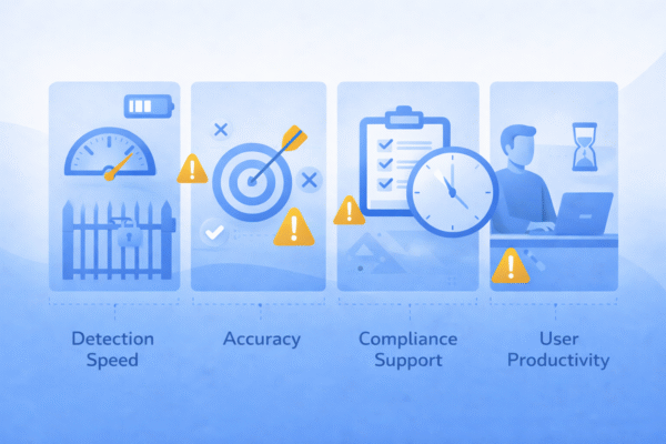 Images representing detection speed, accuracy, compliance support, and user productivity 