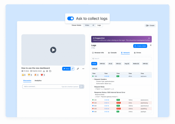 Viewer dashboard showing data logs