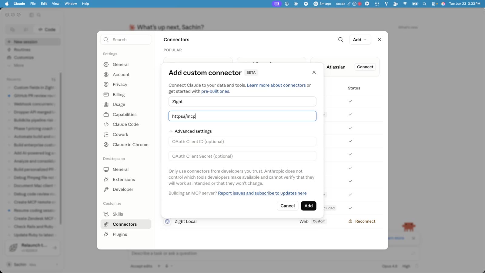 Claude custom connector setup screen for adding the Zight MCP server URL